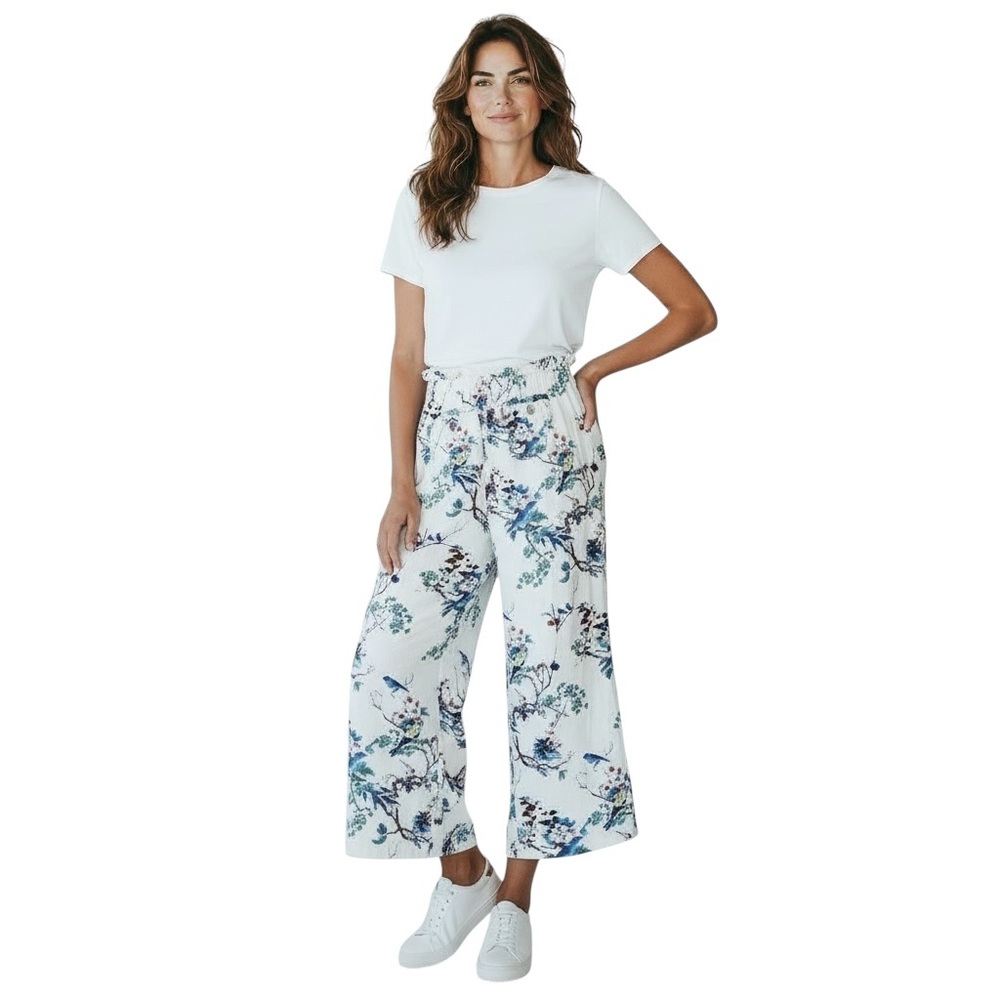 WESTBOUND Floral Bird Print Linen Blend Wide Leg / Drawstring Pants Size Small - Picture 2 of 11